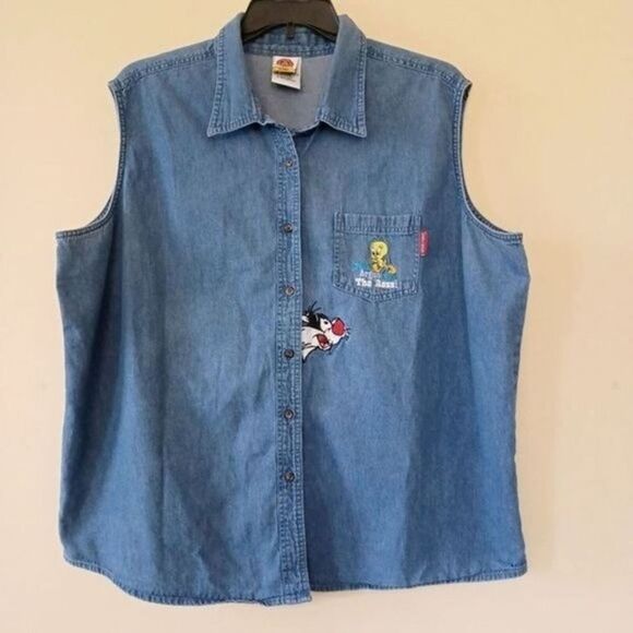 Looney Tunes Mania Tops - Tweety Sylvester Looney Tunes Denim Shirt Sz 26W Button Down Sleeveless  Y2K 90s
